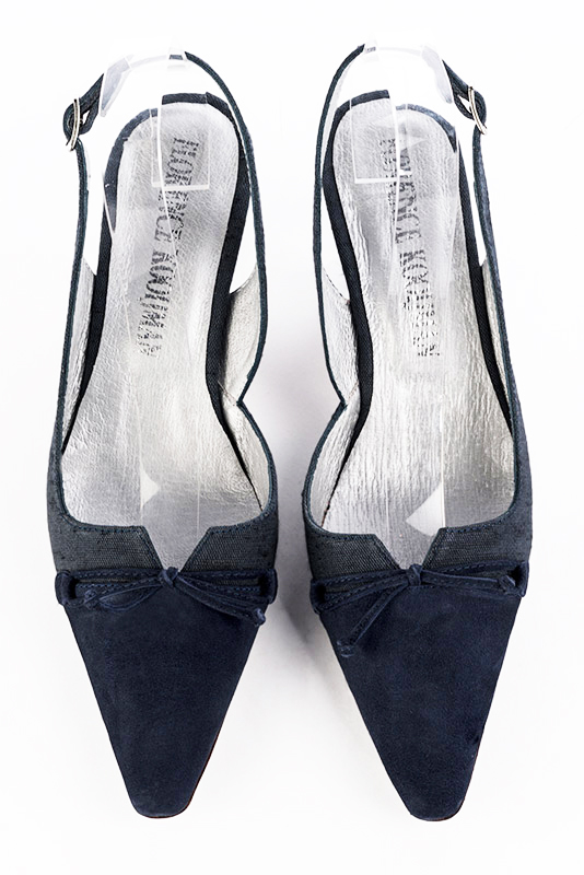 Navy blue women's open back shoes, with a knot. Tapered toe. Medium spool heels. Top view - Florence KOOIJMAN